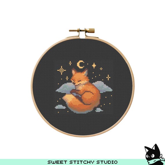 空に眠るかわいいキツネのクロスステッチパターン | フープ刺繍 | PDF