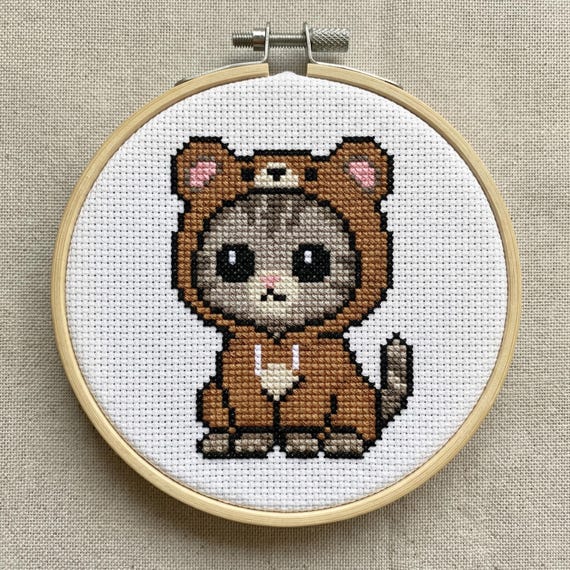 Bear Cat Cross Stitch Pattern | Kitten in Bear Hoodie Embroidery Chart | Digital PDF Download | Small Animal DIY Craft for Her