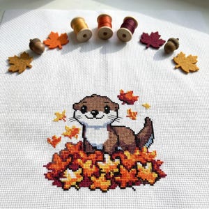 Cute Otter Fall Leaves Cross Stitch Pattern | Hoop Embroidery | PDF | Instant Download | Commercial Use | Cross Stitch Chart