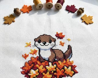 Cute Otter Fall Leaves Cross Stitch Pattern | Hoop Embroidery | PDF | Instant Download | Commercial Use | Cross Stitch Chart
