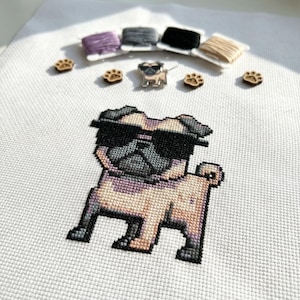 Cute Pug Wearing Sunglasses Cross Stitch Pattern | Hoop Embroidery | PDF | Instant Download | Commercial Use | Cross Stitch Chart