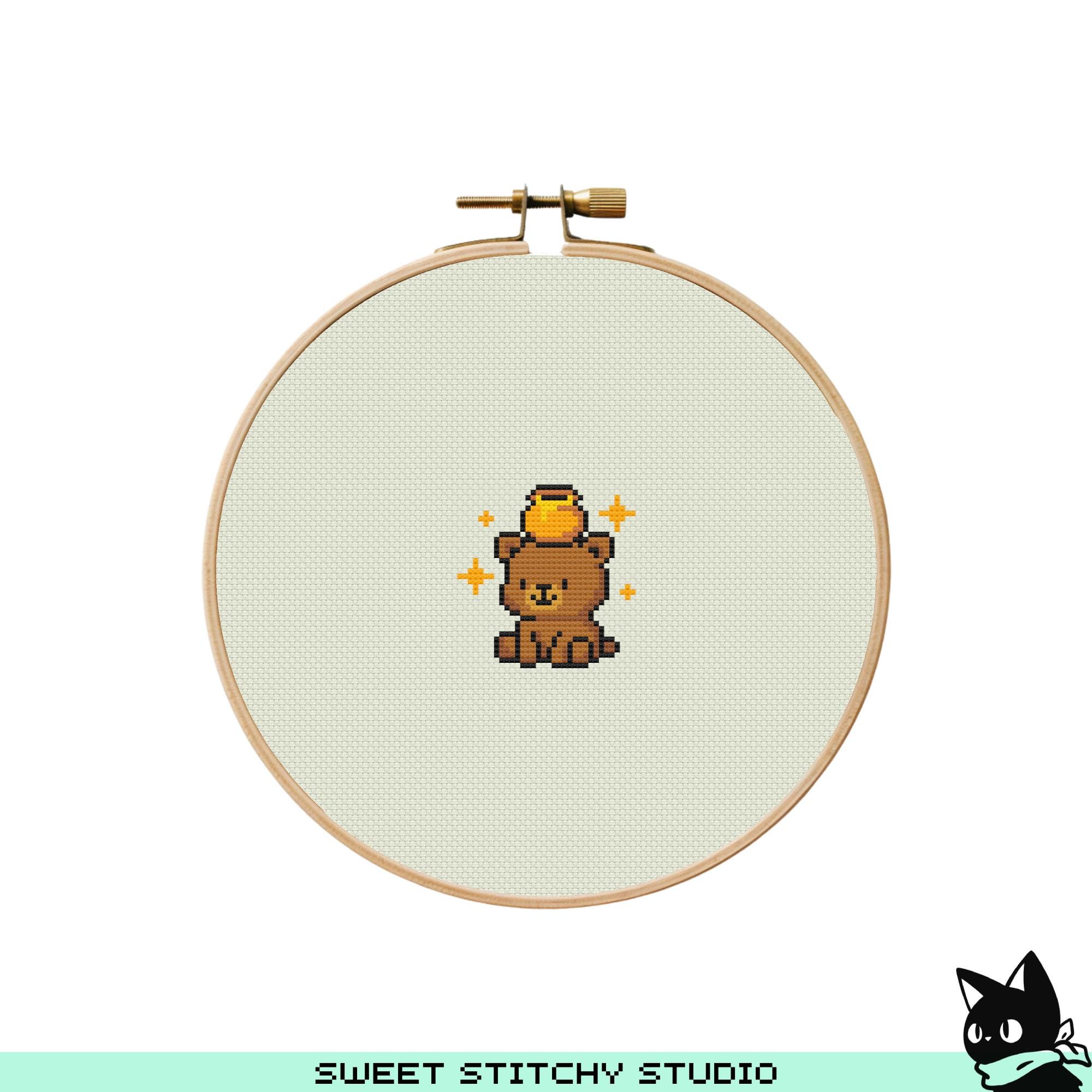かわいいクマの子のハニークロスステッチパターン | フープ刺繍 | PDF