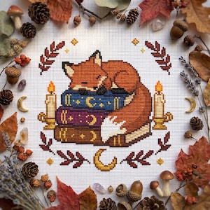 May include: A cross-stitch embroidery on white fabric featuring a sleeping orange fox curled atop a stack of three books in blue, purple, and brown. The design includes two lit candles in gold holders, yellow crescent moons, and red leaf motifs.