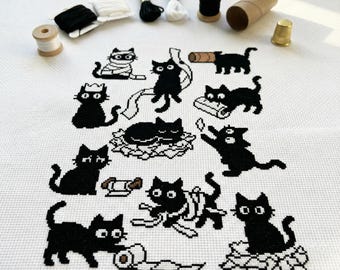 Cute Black Cats Toilet Paper Cross Stitch Pattern | Hoop Embroidery | PDF | Instant Download | Commercial Use | Cross Stitch Chart