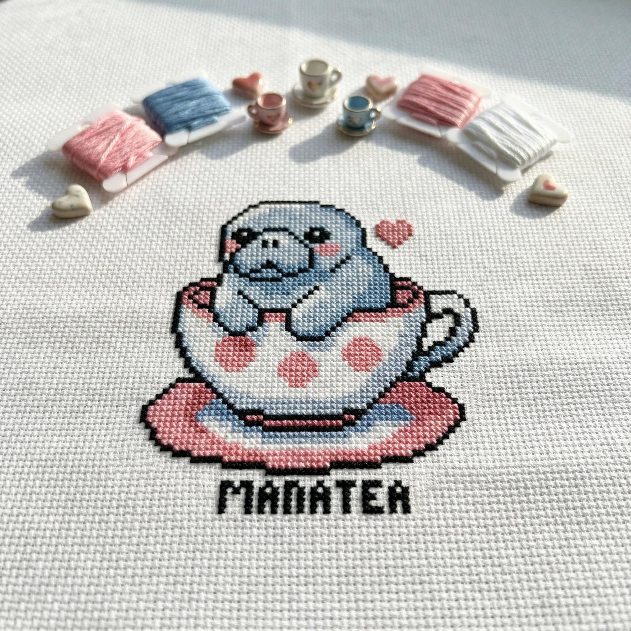 Stina スティナ embroidery gray M Cute Manatee Manatea Cross Stitch Pattern | Hoop Embroidery | PDF