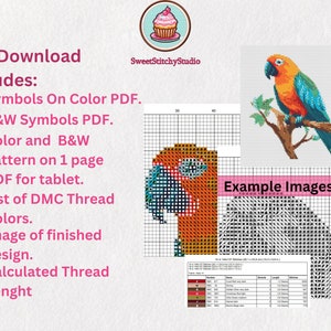 May include: A cross-stitch pattern of a parrot on a branch. The pattern includes a color PDF, a black and white PDF, a color and black and white pattern on one page PDF for tablet, a list of DMC thread colors, an image of the finished design, and a calculated thread length.