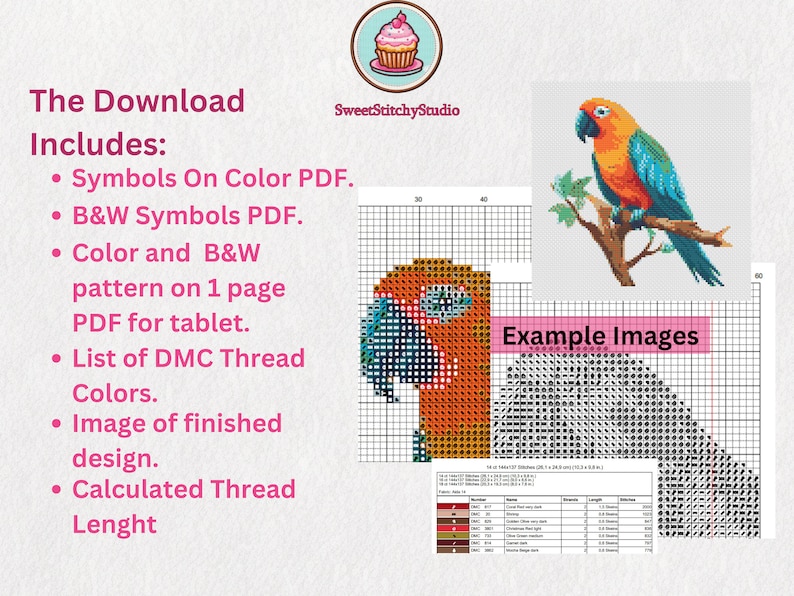 May include: A cross-stitch pattern of a parrot on a branch. The pattern includes a color PDF, a black and white PDF, a color and black and white pattern on one page PDF for tablet, a list of DMC thread colors, an image of the finished design, and a calculated thread length.