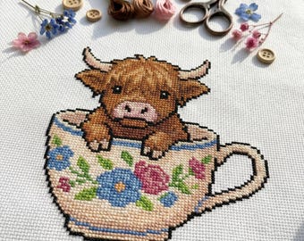 Cute Teacup Highland Cow Cross Stitch Pattern | Hoop Embroidery | PDF | Instant Download | Commercial Use | Cross Stitch Chart