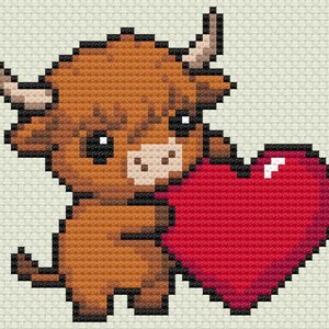 May include: A pixelated illustration of a Highland cow holding a large red heart. The cow is brown with black accents, a light pink nose, and small horns. The heart is a vibrant red with a white highlight.