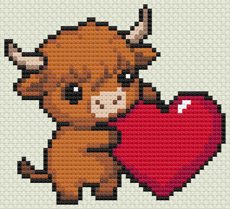 May include: A pixelated illustration of a Highland cow holding a large red heart. The cow is brown with black accents, a light pink nose, and small horns. The heart is a vibrant red with a white highlight.