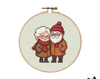 Älteres Paar Kreuzstich Muster PDF | Moderne Großeltern Tabelle | Roter Winterschal | Brauner Mantel Design | Jubiläumsgeschenk | Hochzeit DIY