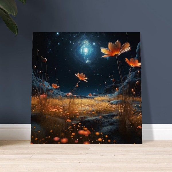 Peaceful Night Sky With Stars, Solitude In The Moonlight, Cosmos And Plants, Floral Beauty, Posters, Wood Prints, Canvas, Martinovski Art