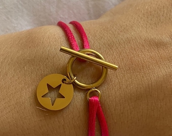 pink cord bracelet, gold hook