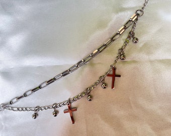 Double charm bracelet, silver, cross