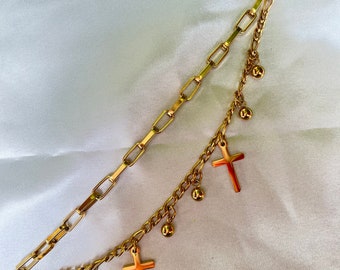 Double charm bracelet, gold, cross