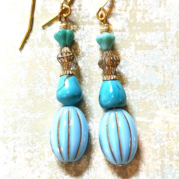 Premium Vintage Earrings, Blue Vintage Glass With brass Metal. Hypoallergenic French Earring Hooks, Gold Plated Wire