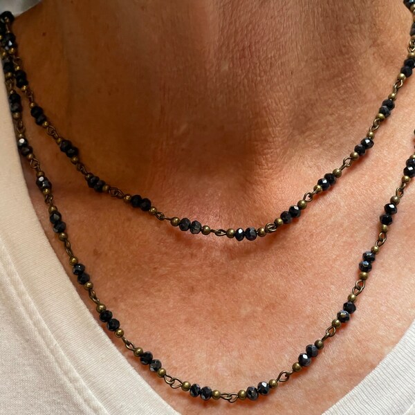 4.2mm Glass Beads. Midnight Black Blue Undertones . Bead Chain on Brass Wire. Price by the Foot. B9 D2