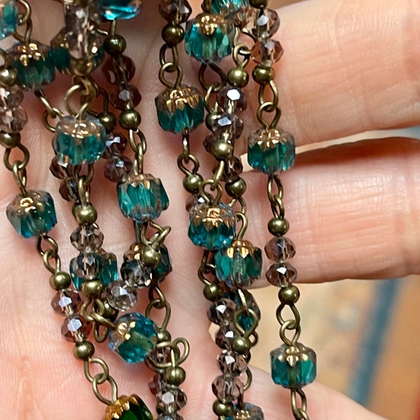 6.1 x 4.2 mm, Teal/Gold, Brass. Cathedral, Antique Style Glass Czech Beads Chain.  Priced per foot.