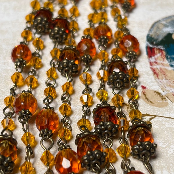 Handcrafted By The Bohemian Jewelry Co., 7.7mm Warm Golden Fall Yellow/Orange  Glass Brass.Bead Chain. Price by the Foot