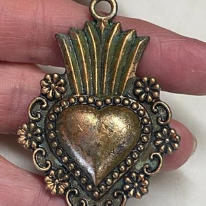 Large Love Charm, 60.2mm x 41mm, Milagro, Ex Voto, Sacred Heart Pendant. Dark Gold/Green Antiqueing. Nice Weight and Feel, 1 Each