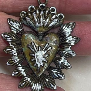 Milagro, Love Charm, 44mm Tall x 32.6mm Wide, Ex Voto, Sacred Heart Pendant. Silver and Green Antiquing. Nice Weight and Feel, 1 Each