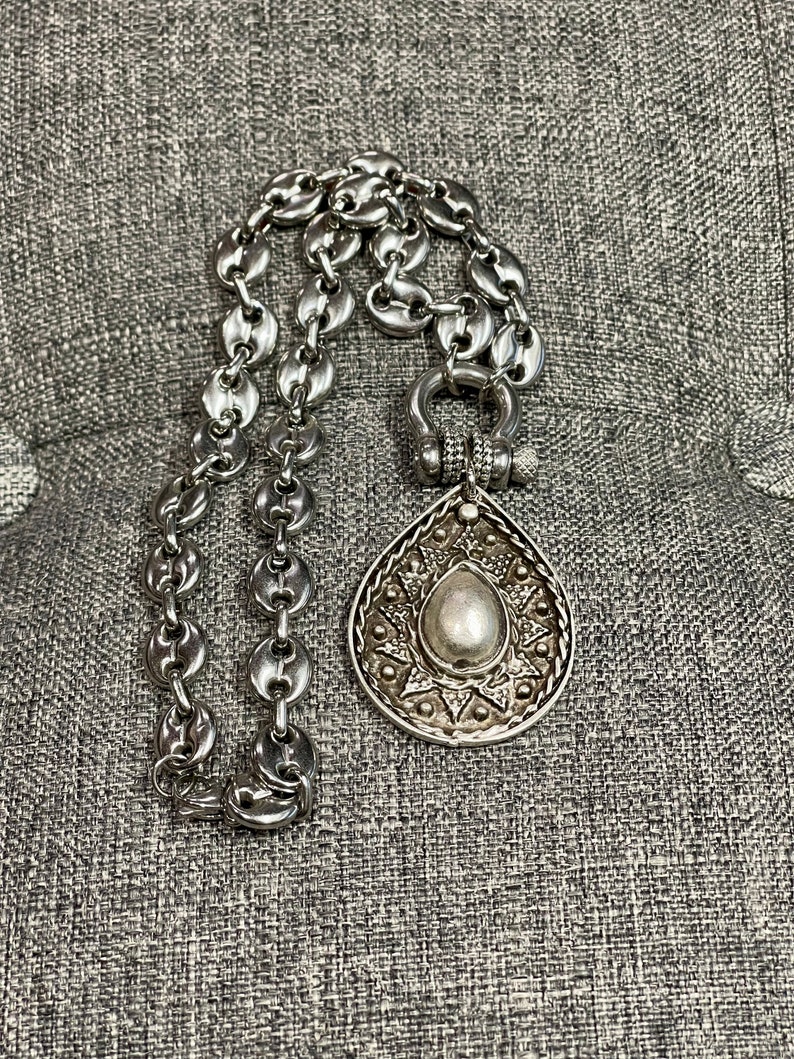 Bright, Silver Plate Moroccan Pendant on a Stainless Steel Chain Choker ...