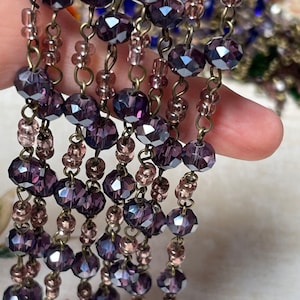 7.5mm, Transparent Purple Faceted Glass, Rondelle Bead Chain With Antiqued Brass Wire.   Price is by the Foot.