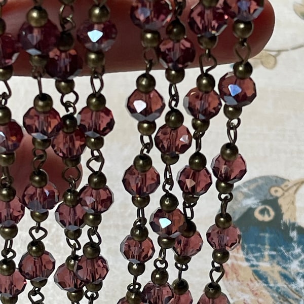 8mm, Rich Deep Mauve Rondelle Glass and Brass Bead, Bead Chain, 1920s style. Lb2