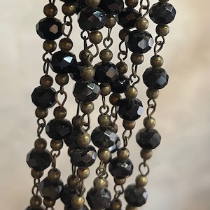 8mm, Vintage, Jet Black Faceted Rondelle Glass Beads with Brass Beads and Wire, Bead Chain.  Price by the Foot.
