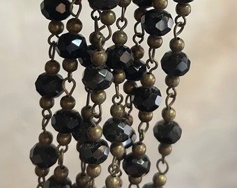 8mm, Vintage, Jet Black Faceted Rondelle Glass Beads with Brass Beads and Wire, Bead Chain.  Price by the Foot.