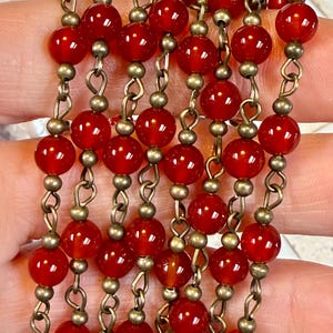 6mm. Rich, Deep Red Agate Stone. Bead Chain. With brass beads and wire. Priced per foot.