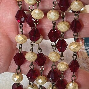 Exclusive Bead Chain, 8mm, Cream Pearlised faceted Beads with Ruby Red Bicone Glass Bead Chain. Vintage Style.   Price by the Foot.