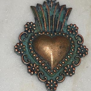 Large Love Charm, 60.2mm x 41mm, Milagro, Ex Voto, Sacred Heart Pendant. Gold/Copper/Green Antiqueing. Nice Weight and Feel, 1 Each