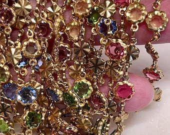 6.5mm, Retro Solid Unplated Brass Bead Chain with Multi-Color Glass Beads. Nice weight, Price is by the Foot. Bead Chain ONLY.