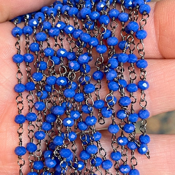 3.6mm, Deep, Blue, Faceted Glass on Delicate Gun Metal Wire. Bead Chain. Priced by the foot.