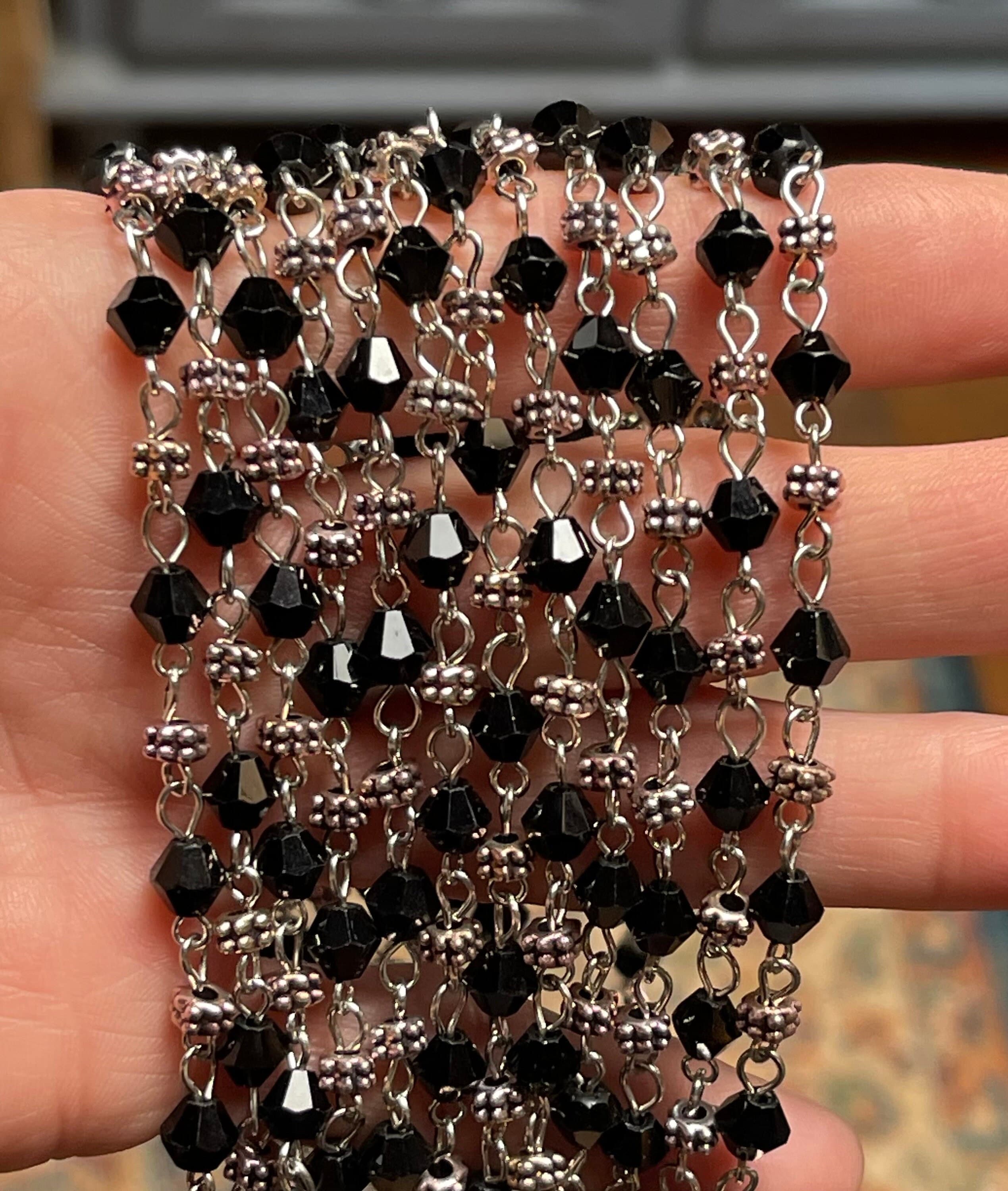 6mm, Black Glass Bicone Beads with Silver Accents. Bead Chain, 1920s style.   Priced per foot..   LBG  2