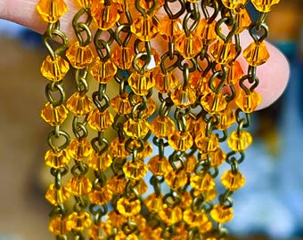 4.5mm Gold Bicone Glass Bead Chain, Antique Brass Wire, Sold by Foot