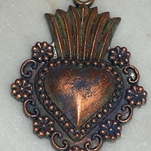 Large Love Charm, 60.2mm x 41mm, Milagro, Ex Voto, Sacred Heart Pendant. Copper/Gray Antiqueing. Nice Weight and Feel, 1 Each