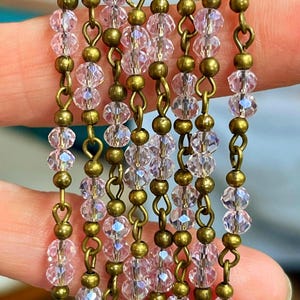 4.2mm Double Pale Pink Cut Glass Beads. Bead Chain. On Brass Wire. Sold by the Foot.