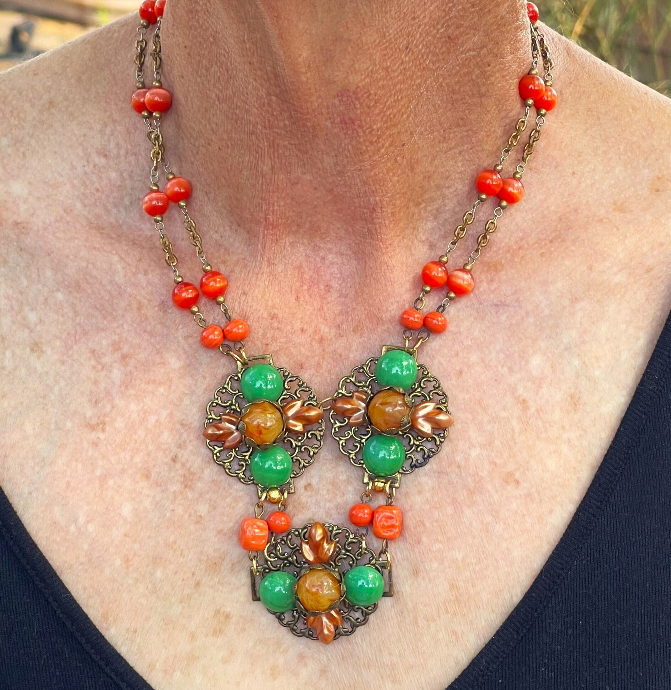 Boho Vintage Glass Bead Necklace Vintage Green Glass Etsy