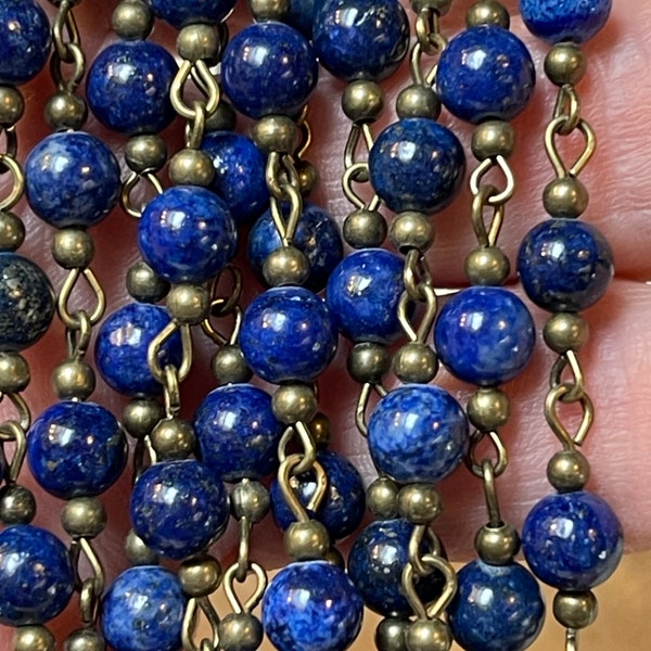 6.3mm, Natural Stone, Looks like Lapis lazuli With Brass Beads. Bead Chain, Excellent Quality   Price is by the Foot.    LGB 4