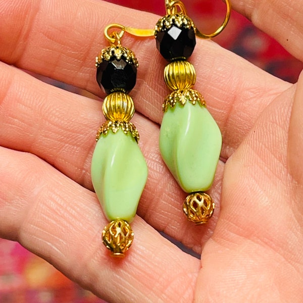 Premium Vintage Earrings, Sea Green and Black Glass With Metal. Hypoallergenic French Earring Hooks, Gold Plated Wire