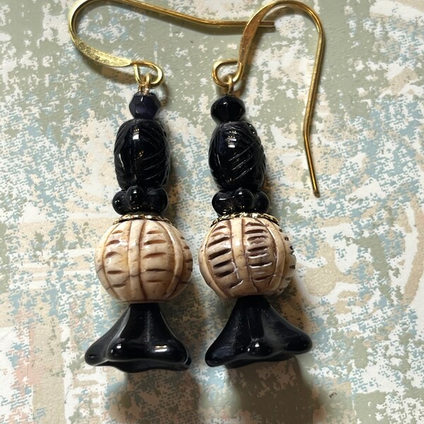 Vintage Earrings, Black, earth-tone carved beads, Czech glass. Hypoallergenic French Earring Hooks, Gold Plated Wire