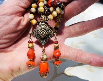 Orange and Cream Czech Glass necklace All Vintage Beads..