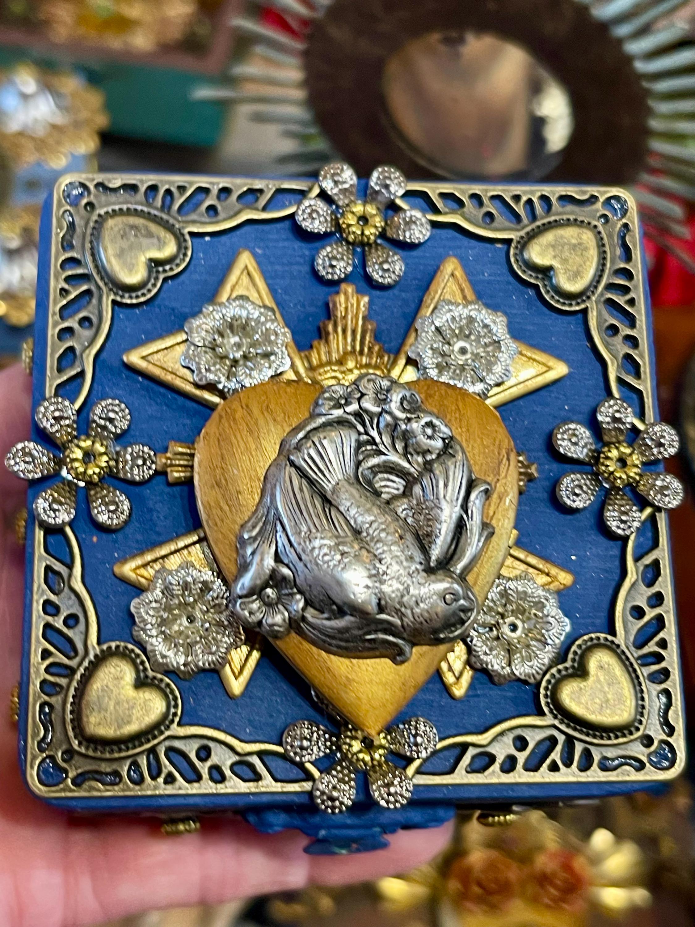 Wood and Metal, Heart Box, Indigo Blue, Gold, and Silver Bird. Handmade, One of a kind, Give a Special Gift (your Heart) 4x4x2 inch