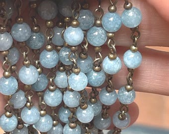 Handmade Bead Chain, Amazing Color, Vintage Gray-Blue. Agate. Unwelded, with Brass Findings, Antique Bronze, 6mm.  Sold By the Foot.