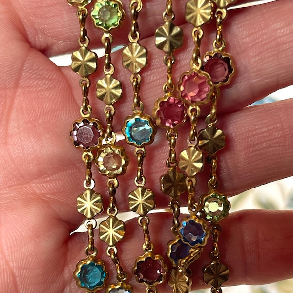 Retro Raw Brass Chain with Multi-Color Window Glass.  6.5mm (Price per Foot)