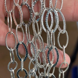 Bright Silver Plate, Textured Silver Chain, 18.3mm x 8.2mm. Soldered Links. Sold by the foot.