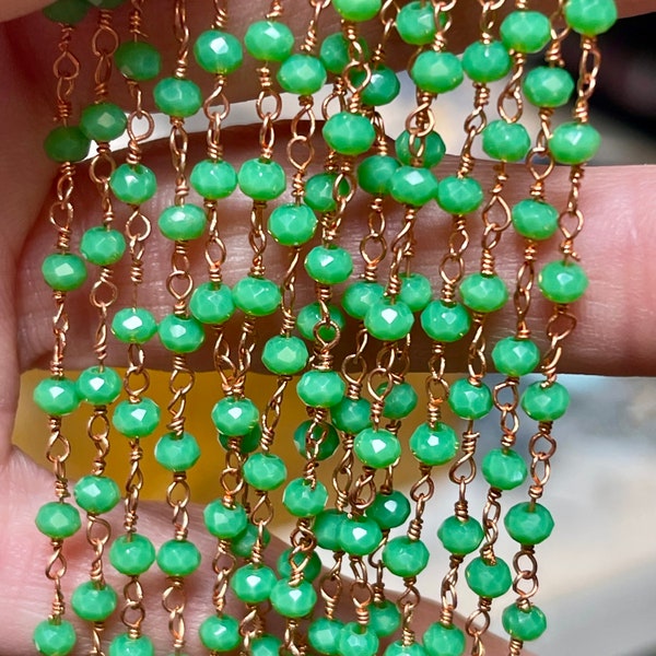 3.6mm, Spring Green Faceted Glass on Delicate Copper Wire. Bead Chain. Priced by the foot.