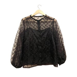Vintage 60s Sheer Lace Overlay Blouse Top Women Size 10 Black Gregory